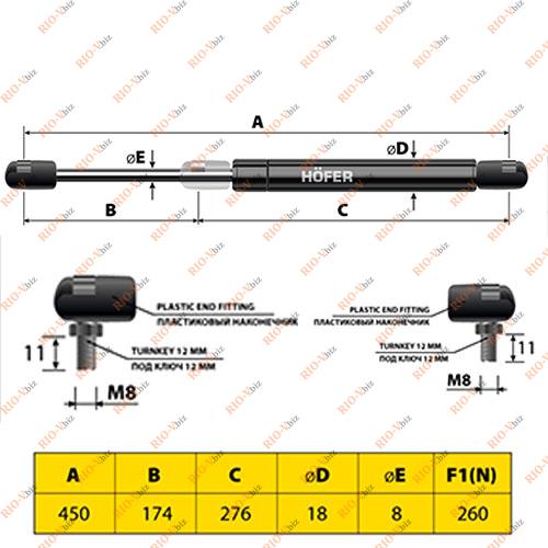 Фотография Амортизатор багажника (газовий стопор) 2121, 2104 витяжка 2110, 2111, 2112 (L-450 мм) HOFER