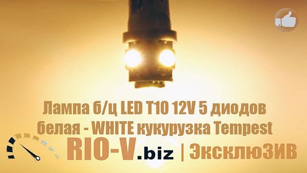 ФОТО Лампа б/ц LED Т10 12V 5 диодов белая WHITE кукурузка (к-т 2 шт) Tempest RIO-V